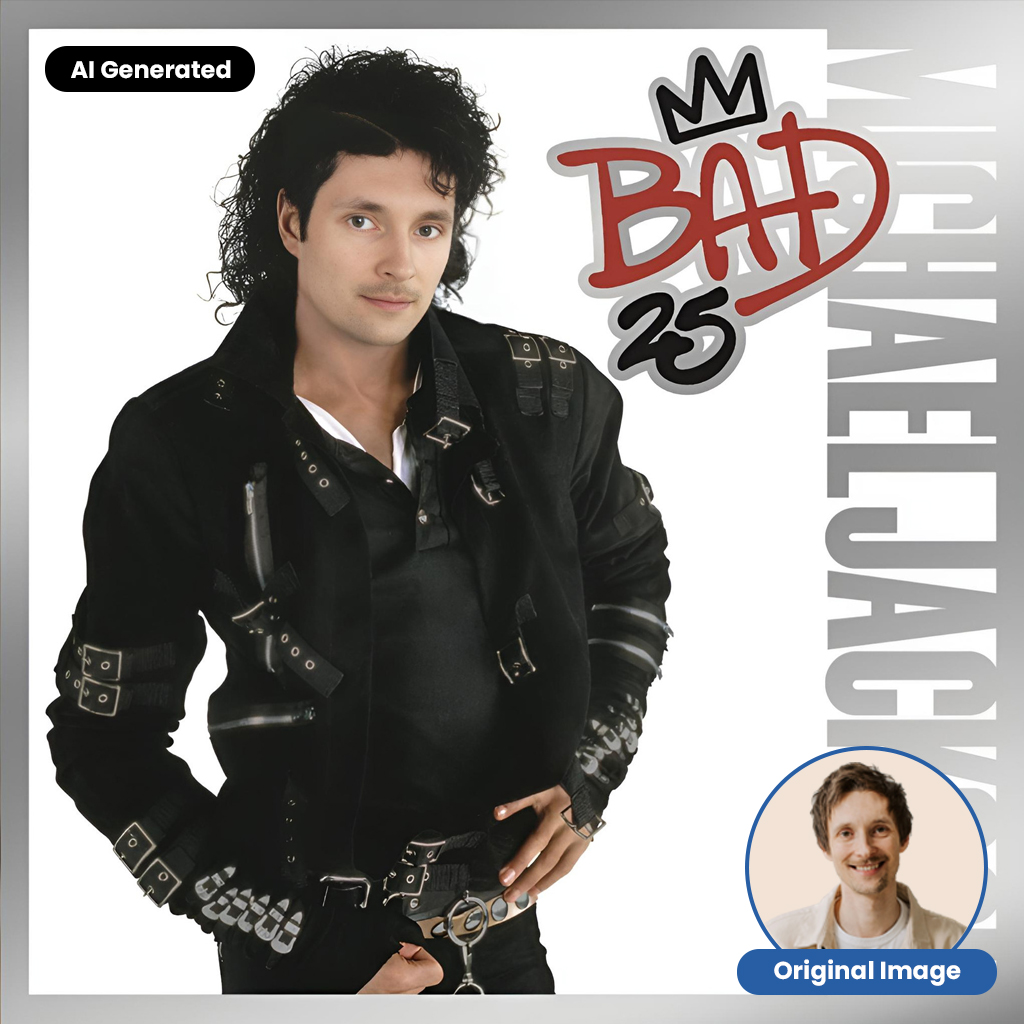 AI-generated Michael Jackson album cover portrait created by Snappy Photobooths' AI photo booth